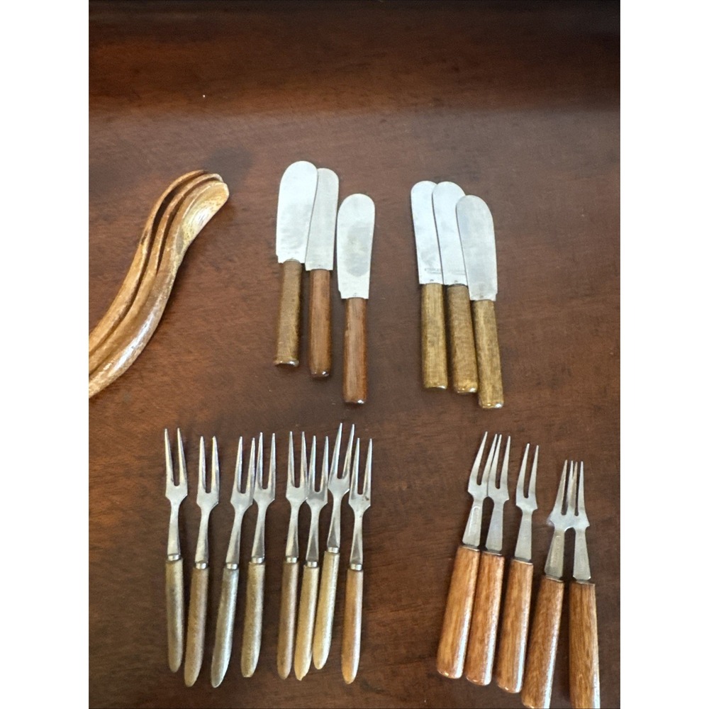 22 Pc. Mini Vintage Wood Appetizer Fork Knives Set Mini Utensils MCM Stainless
